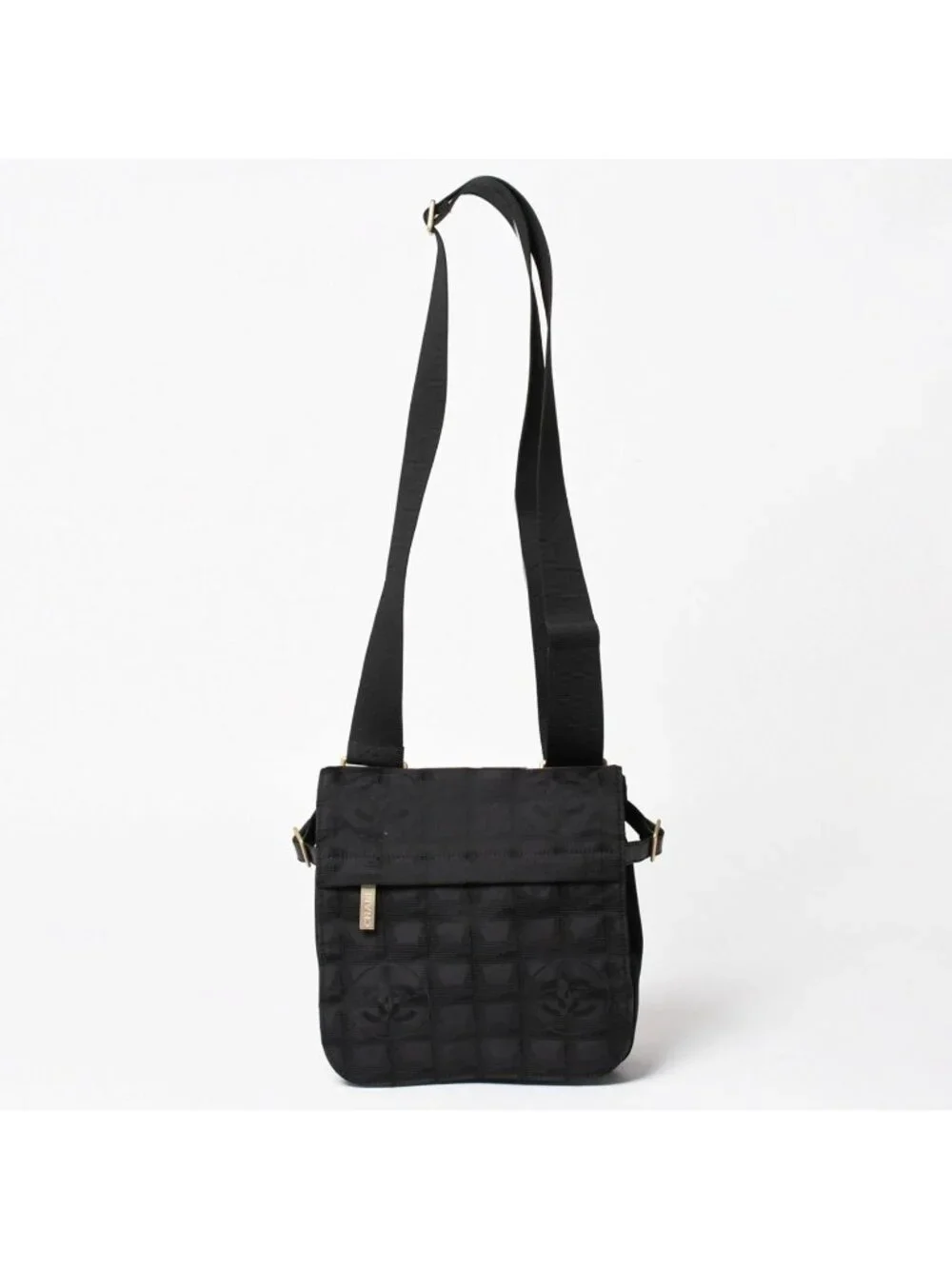 Chanel New Travel Line Messenger Bag Nylon Jacquard Leather Gold